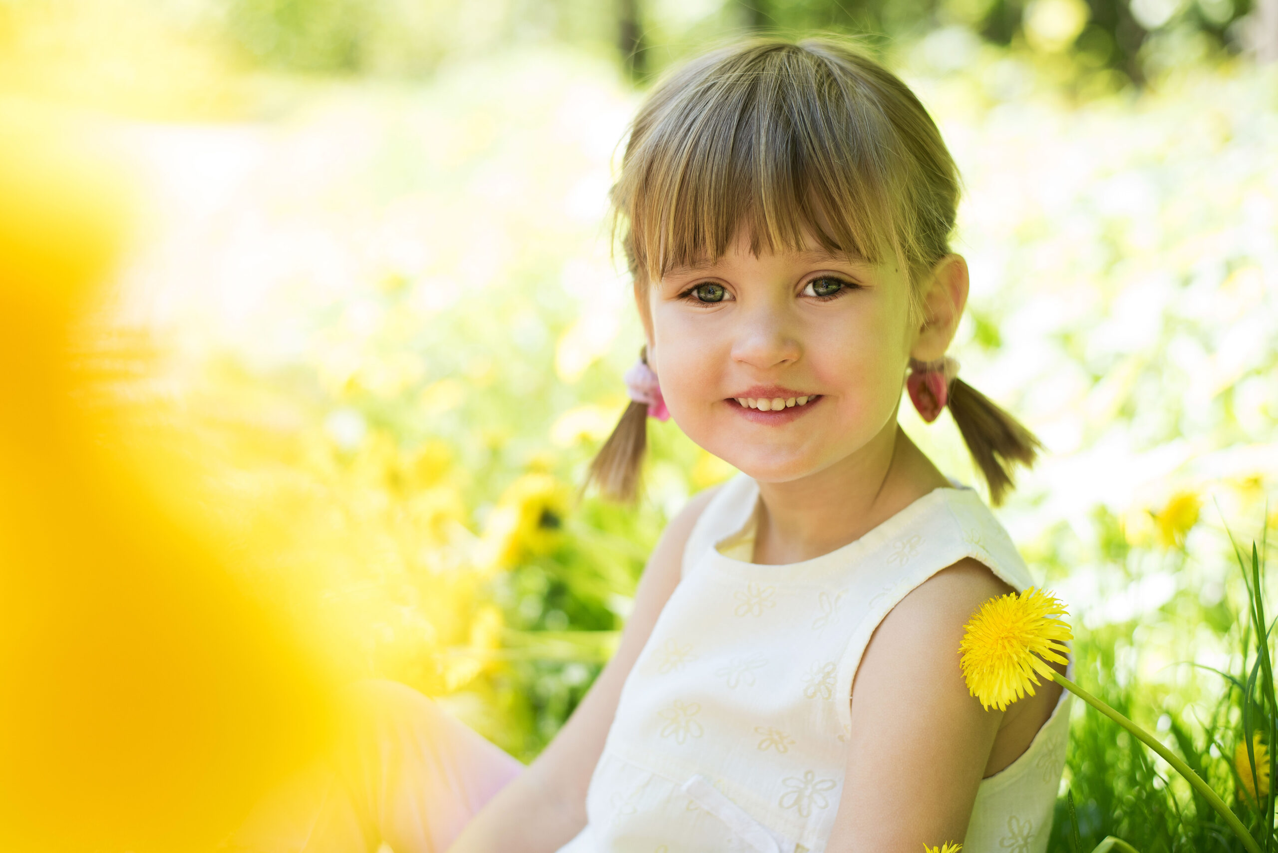 Mädchen in Löwenzahn sitzend beim Kinder-Shooting